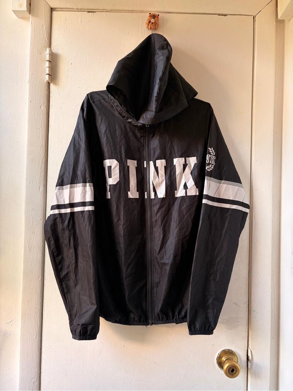 Victoria's Secret PINK Black Hooded Windbreaker with White Stripe Accents
